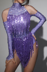 Purple Red Color Women Long Sleeve Sexy Shinning Sequins Tassel Bodycon Bodysuit Celebrate Nightclub Party Bar DancerStage Wear
